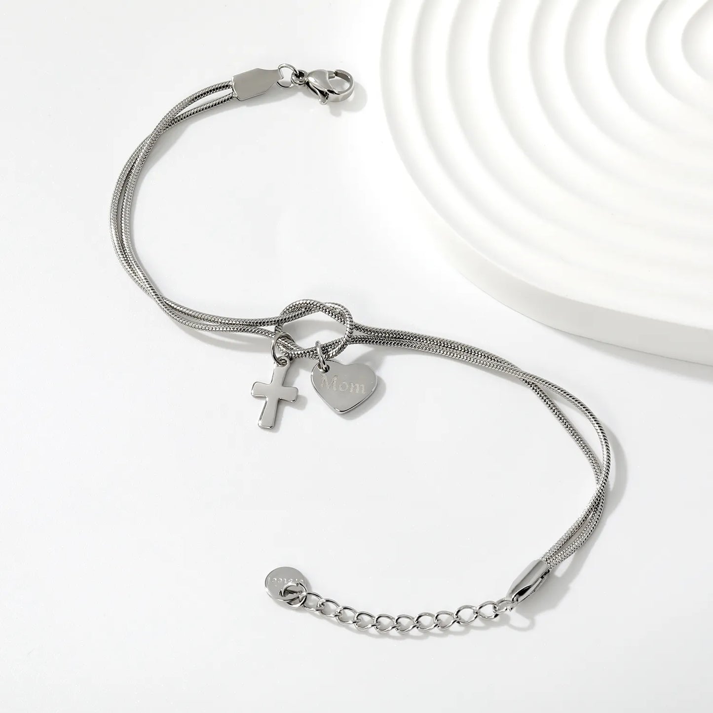 Wholesale 18K Gold Plated "Mom" Heart & Cross Charm Stainless Steel Bracelet | Double Layer Knot Snake Chain Jewelry
