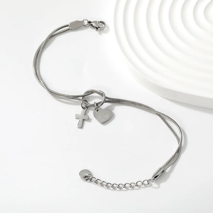 Wholesale 18K Gold Plated "Mom" Heart & Cross Charm Stainless Steel Bracelet | Double Layer Knot Snake Chain Jewelry
