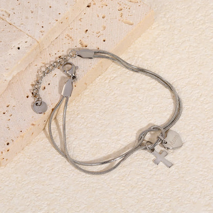 Wholesale 18K Gold Plated "Mom" Heart & Cross Charm Stainless Steel Bracelet | Double Layer Knot Snake Chain Jewelry
