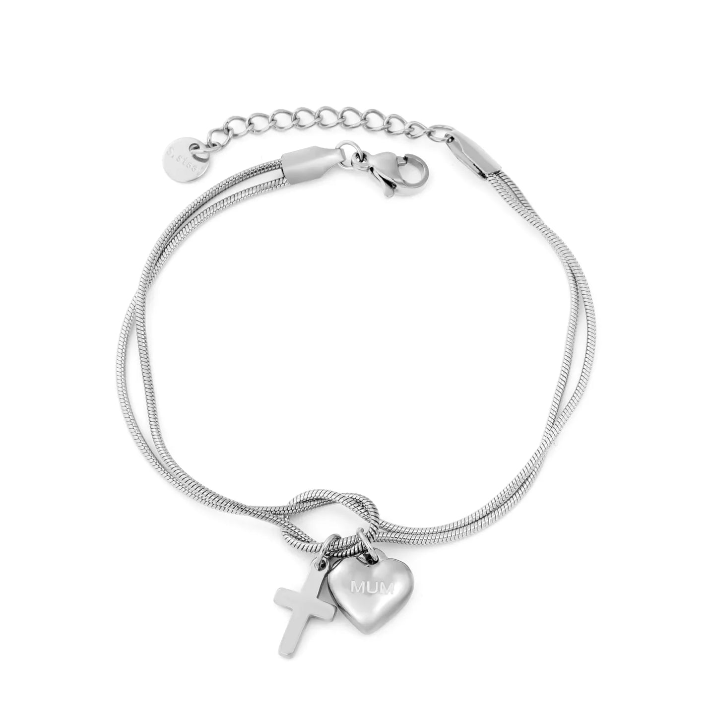 Wholesale Mother’s Day "MUM" Heart & Cross Charm Stainless Steel Bracelet | 18K Gold Plated | Double Layer Knot Snake Chain | Bulk Order MOQ 12