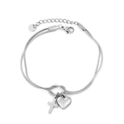 Wholesale Mother’s Day "MUM" Heart & Cross Charm Stainless Steel Bracelet | 18K Gold Plated | Double Layer Knot Snake Chain | Bulk Order MOQ 12