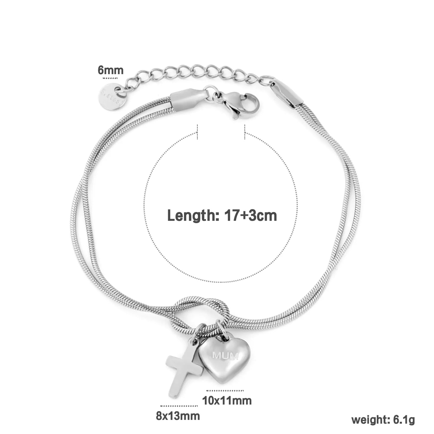 Wholesale Mother’s Day "MUM" Heart & Cross Charm Stainless Steel Bracelet | 18K Gold Plated | Double Layer Knot Snake Chain | Bulk Order MOQ 12