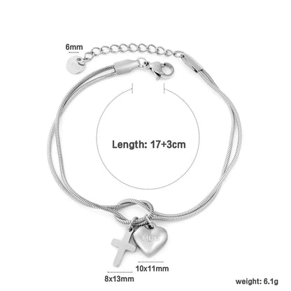 Wholesale Mother’s Day "MUM" Heart & Cross Charm Stainless Steel Bracelet | 18K Gold Plated | Double Layer Knot Snake Chain | Bulk Order MOQ 12