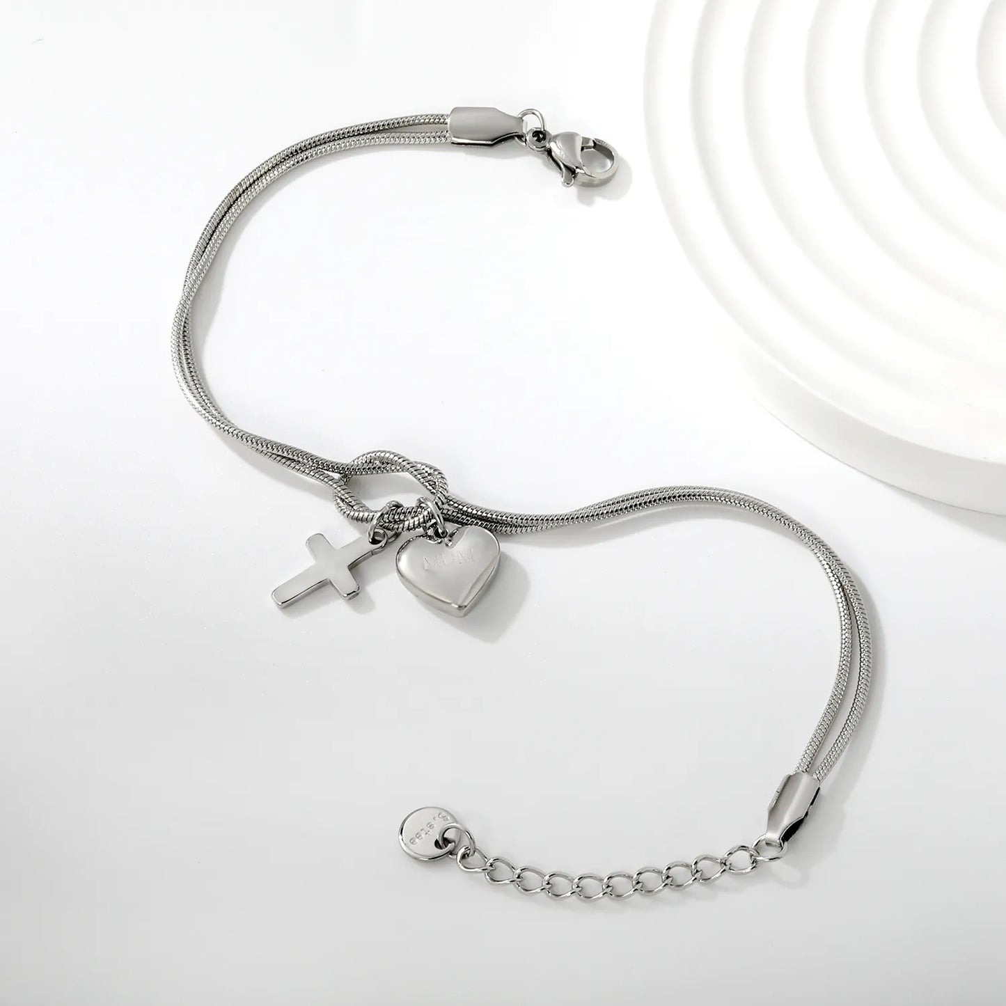 Wholesale Mother’s Day "MUM" Heart & Cross Charm Stainless Steel Bracelet | 18K Gold Plated | Double Layer Knot Snake Chain | Bulk Order MOQ 12