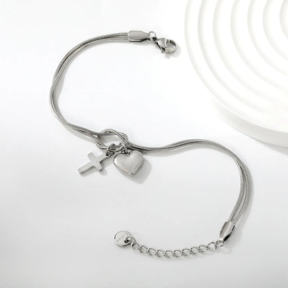 Wholesale Mother’s Day "MUM" Heart & Cross Charm Stainless Steel Bracelet | 18K Gold Plated | Double Layer Knot Snake Chain | Bulk Order MOQ 12