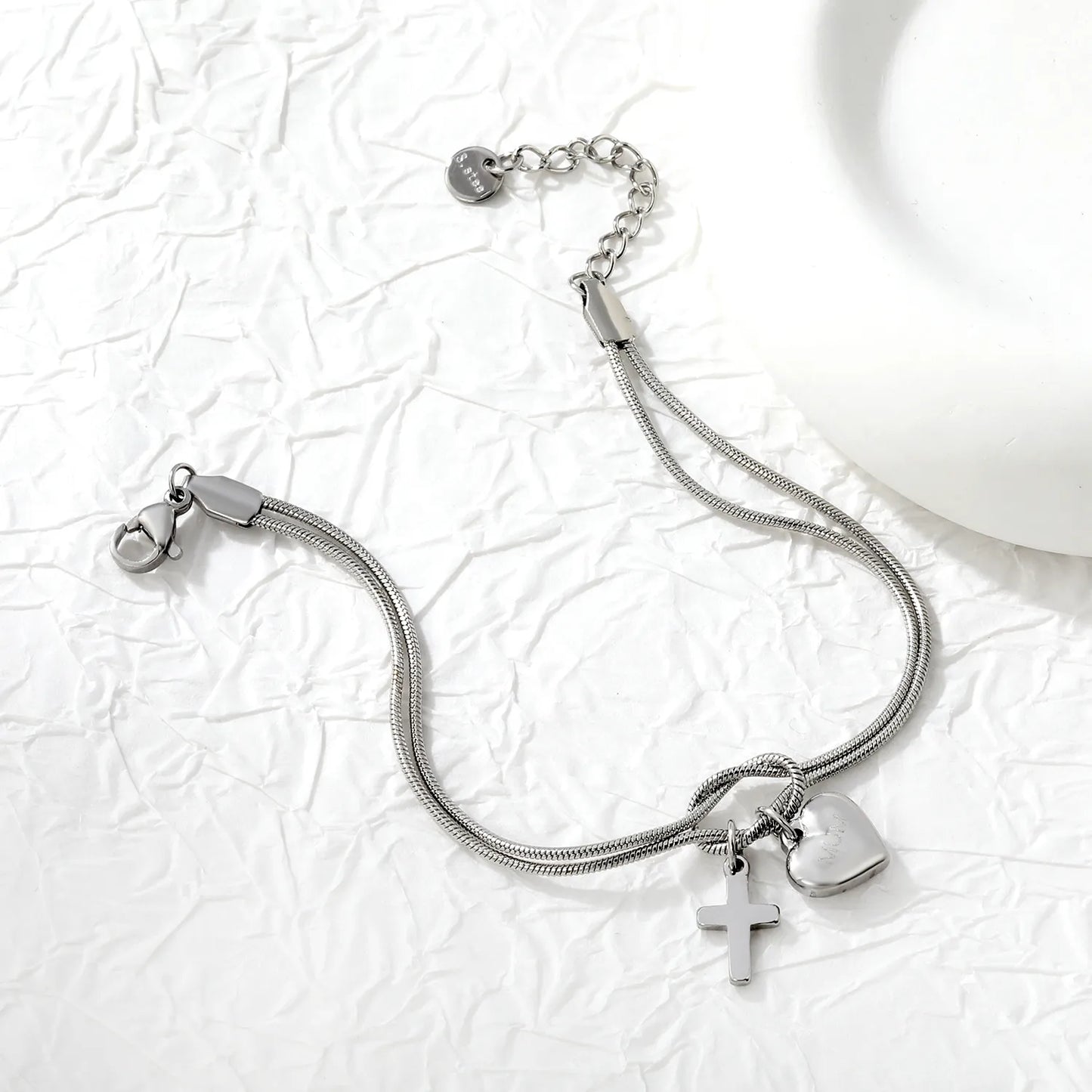 Wholesale Mother’s Day "MUM" Heart & Cross Charm Stainless Steel Bracelet | 18K Gold Plated | Double Layer Knot Snake Chain | Bulk Order MOQ 12