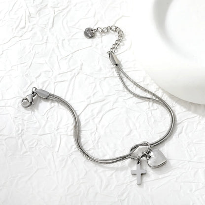Wholesale Mother’s Day "MUM" Heart & Cross Charm Stainless Steel Bracelet | 18K Gold Plated | Double Layer Knot Snake Chain | Bulk Order MOQ 12
