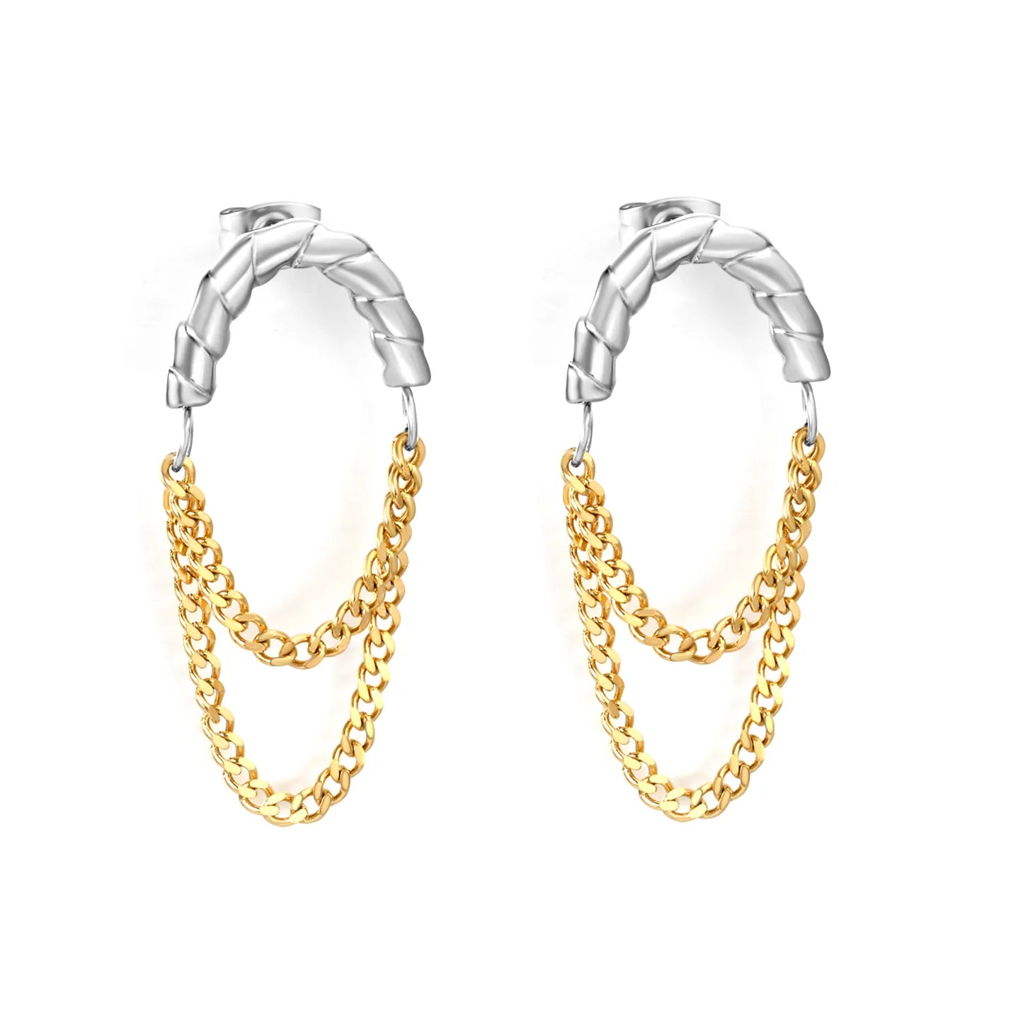 Twisted Hoop Earrings with Layered Chain Drop | Two-Tone/Gold Options | Wholesale Bulk Order MOQ 12