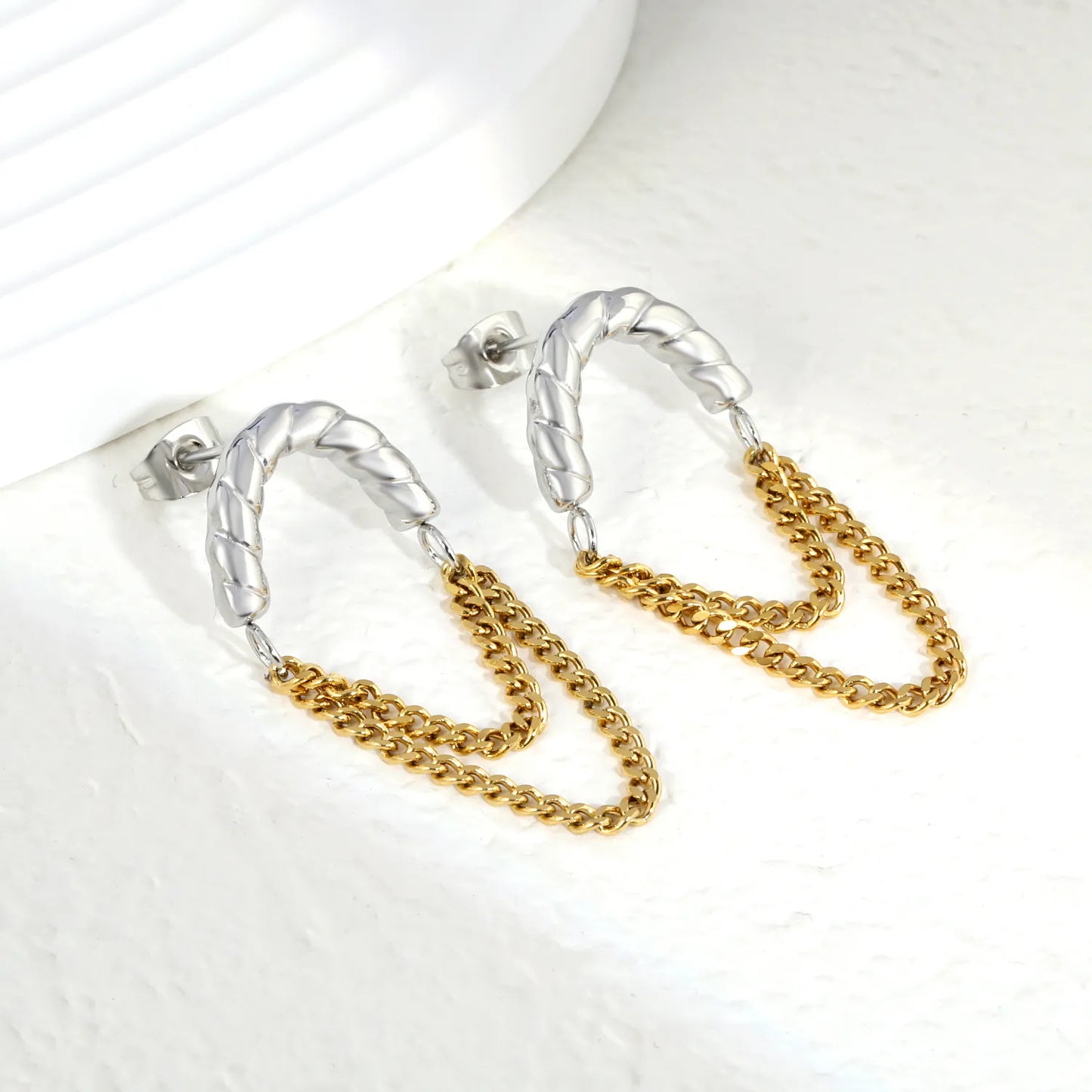 Twisted Hoop Earrings with Layered Chain Drop | Two-Tone/Gold Options | Wholesale Bulk Order MOQ 12