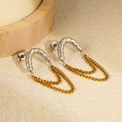 Twisted Hoop Earrings with Layered Chain Drop | Two-Tone/Gold Options | Wholesale Bulk Order MOQ 12