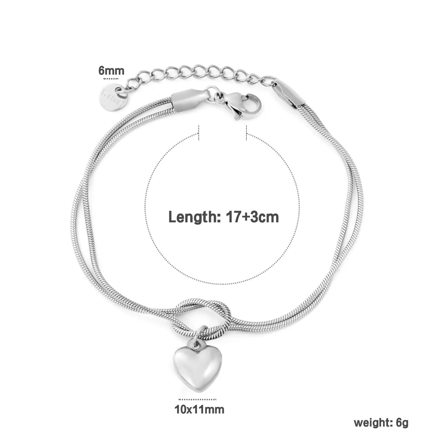 Wholesale 18K Gold Plated Double Layer Heart Charm Stainless Steel Bracelet for Women | Hypoallergenic Snake Chain Knot Bracelet Jewelry