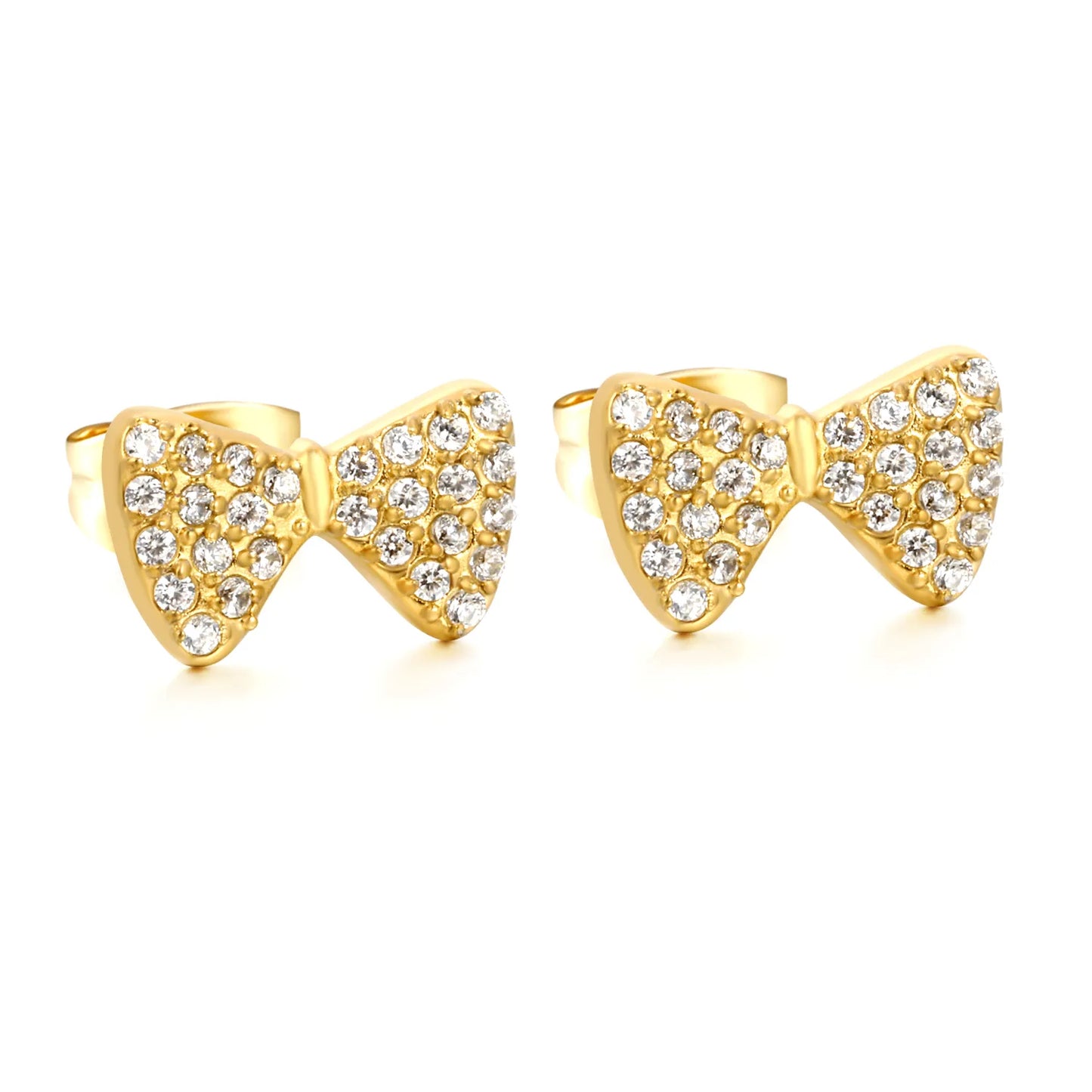 CZ Pave Bow Stud Earrings | 18K Gold Plated Stainless Steel | Wholesale Bulk Order MOQ 12
