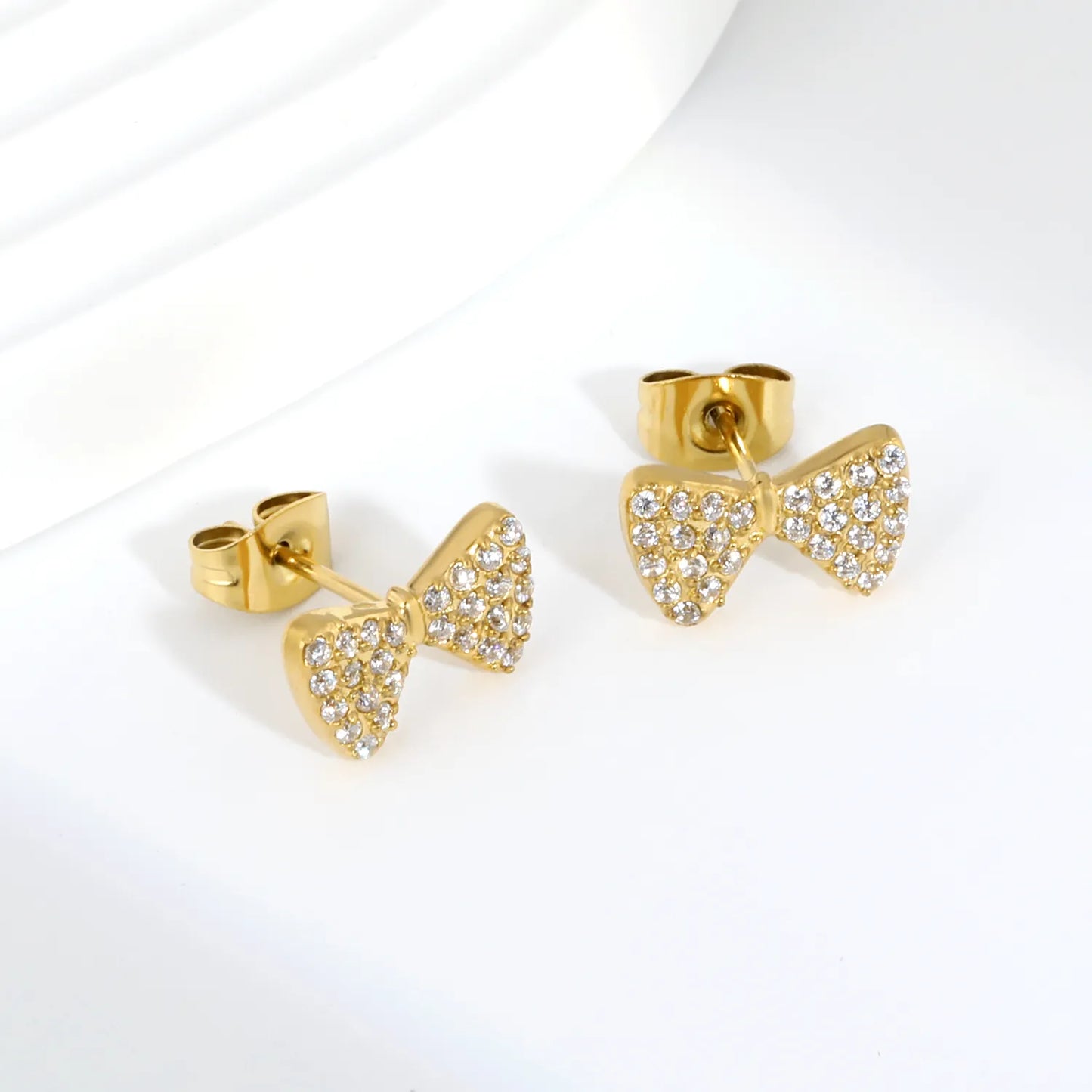 CZ Pave Bow Stud Earrings | 18K Gold Plated Stainless Steel | Wholesale Bulk Order MOQ 12