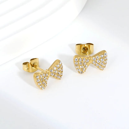 CZ Pave Bow Stud Earrings | 18K Gold Plated Stainless Steel | Wholesale Bulk Order MOQ 12