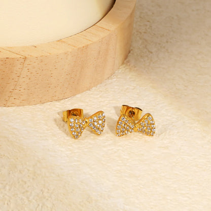 CZ Pave Bow Stud Earrings | 18K Gold Plated Stainless Steel | Wholesale Bulk Order MOQ 12