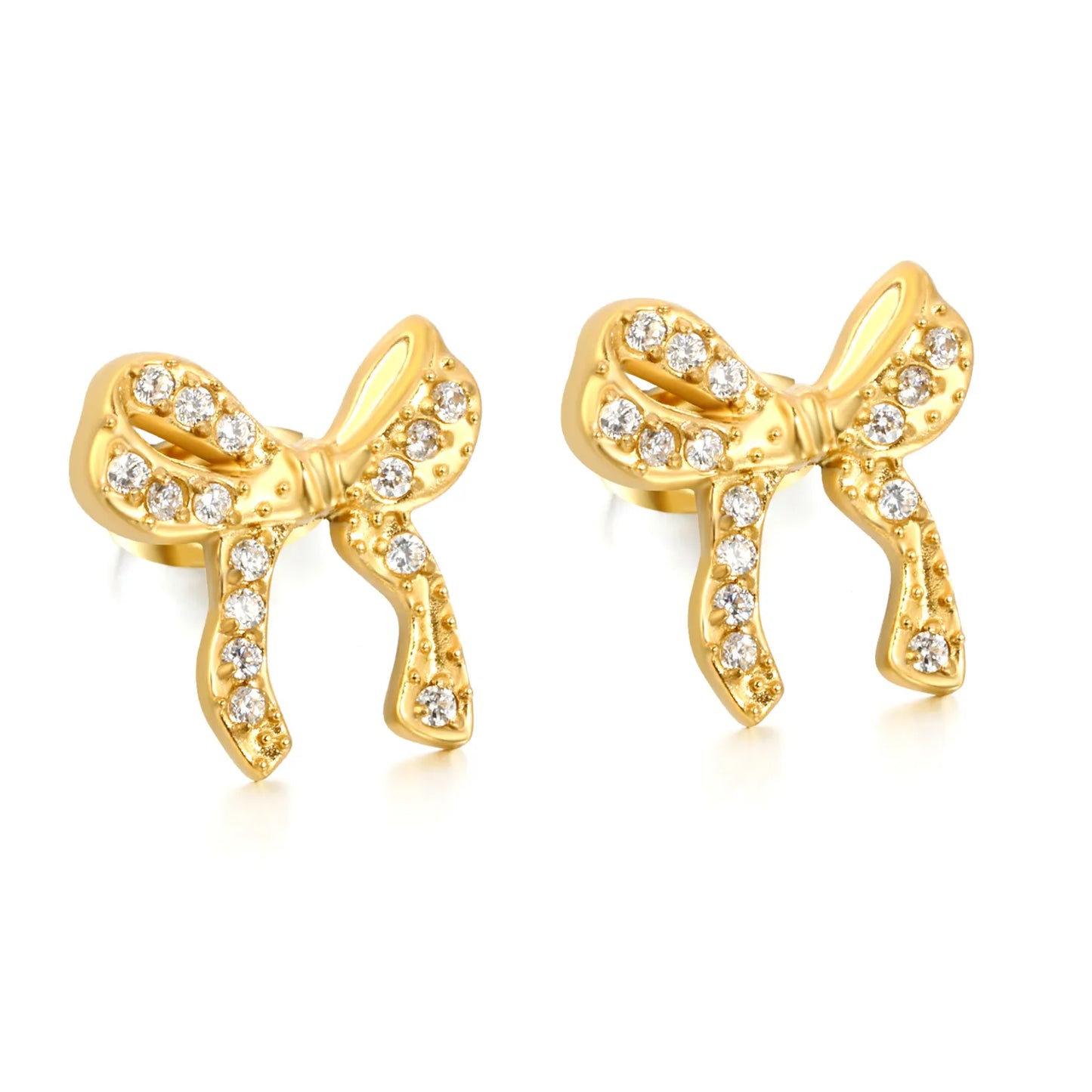 Wholesale Pave Ribbon Bow Drop Stud Earrings | Bulk Order MOQ 12 | 18K Gold Plated Stainless Steel