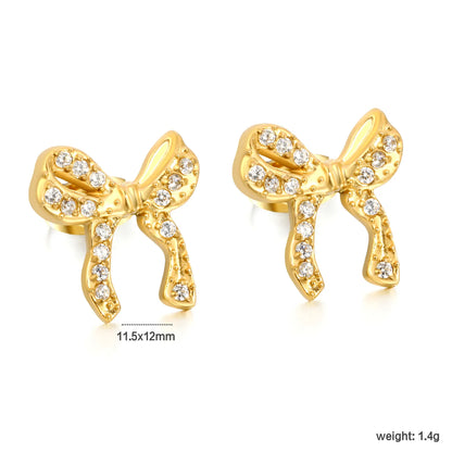 Wholesale Pave Ribbon Bow Drop Stud Earrings | Bulk Order MOQ 12 | 18K Gold Plated Stainless Steel