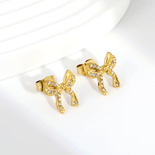 Wholesale Pave Ribbon Bow Drop Stud Earrings | Bulk Order MOQ 12 | 18K Gold Plated Stainless Steel