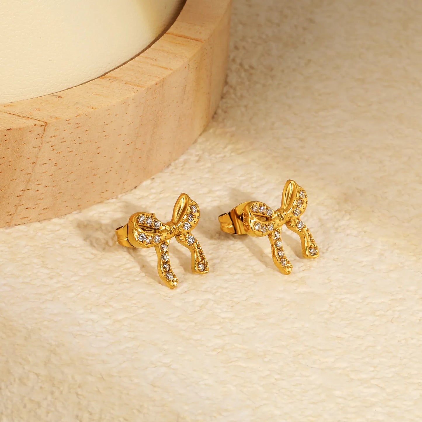 Wholesale Pave Ribbon Bow Drop Stud Earrings | Bulk Order MOQ 12 | 18K Gold Plated Stainless Steel