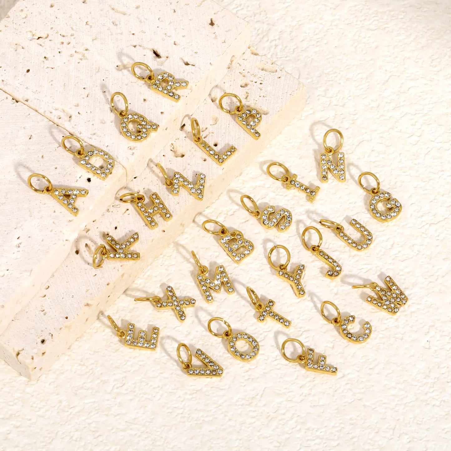 Wholesale 18K Gold Plated Initial Letter Charms with Rhinestones | Hypoallergenic Stainless Steel Jewelry Components