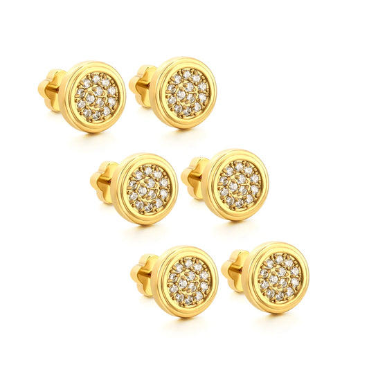 3 Pairs Pack Round Pave CZ Screw-Back Stud Earrings | 18K Gold Plated | Wholesale Bulk Order MOQ 12