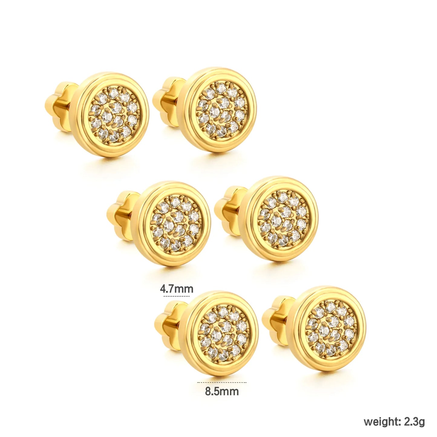 3 Pairs Pack Round Pave CZ Screw-Back Stud Earrings | 18K Gold Plated | Wholesale Bulk Order MOQ 12