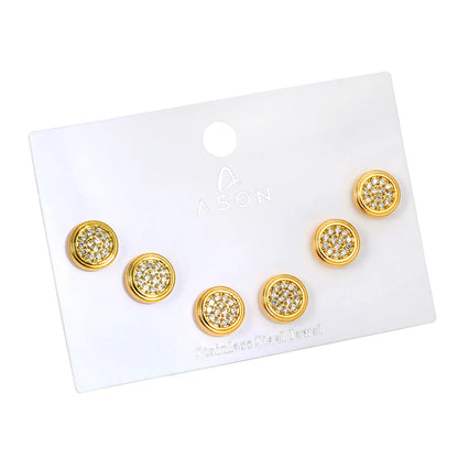 3 Pairs Pack Round Pave CZ Screw-Back Stud Earrings | 18K Gold Plated | Wholesale Bulk Order MOQ 12