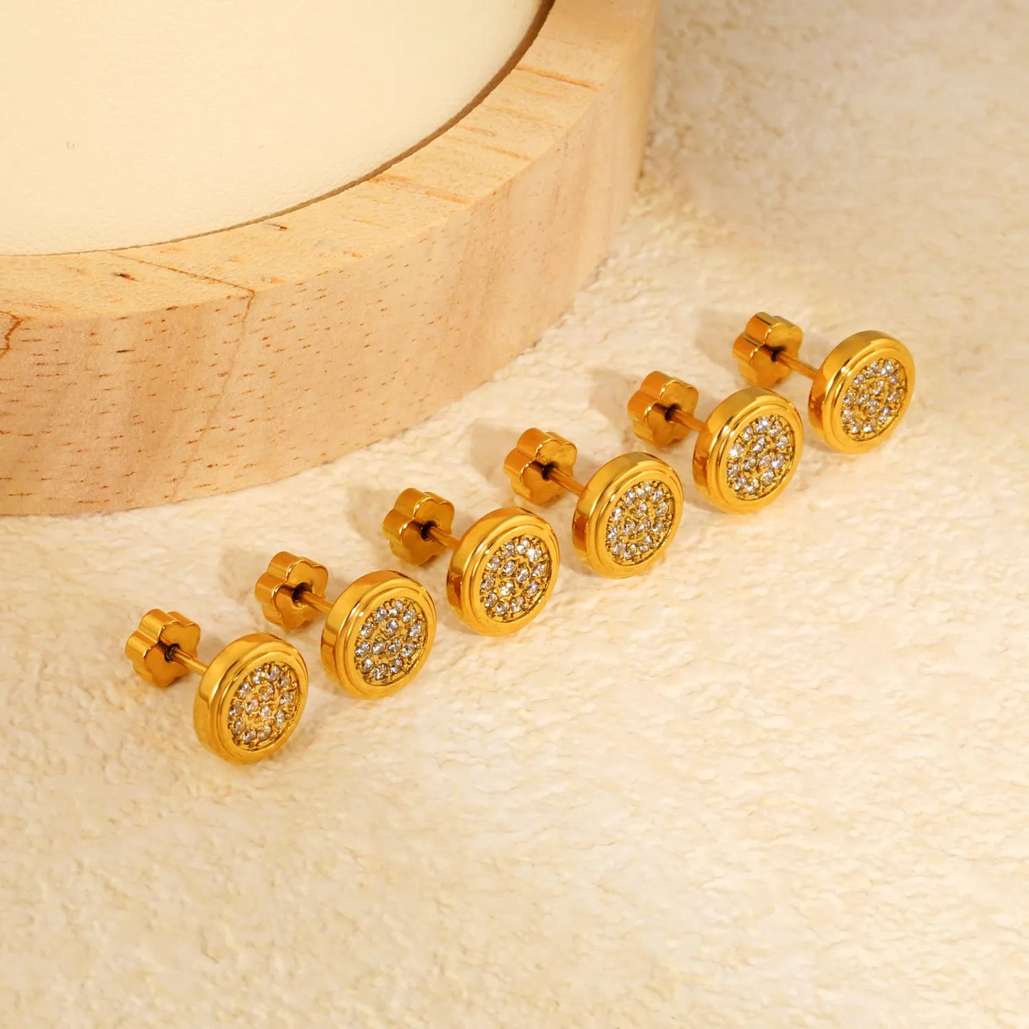 3 Pairs Pack Round Pave CZ Screw-Back Stud Earrings | 18K Gold Plated | Wholesale Bulk Order MOQ 12