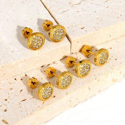 3 Pairs Pack Round Pave CZ Screw-Back Stud Earrings | 18K Gold Plated | Wholesale Bulk Order MOQ 12