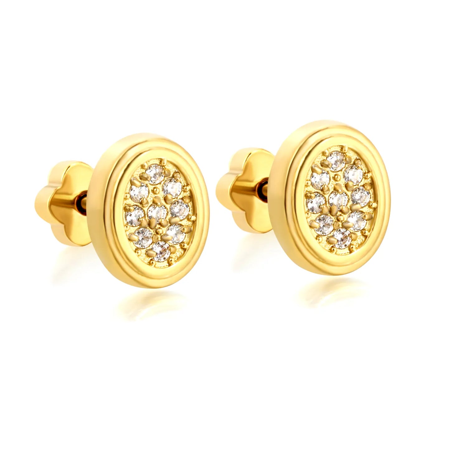 18K Gold Plated Oval Pave CZ Screw-Back Stud Earrings 3 Pairs Pack | Hypoallergenic Stainless Steel | Wholesale Bulk Order MOQ 12