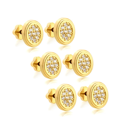 18K Gold Plated Oval Pave CZ Screw-Back Stud Earrings 3 Pairs Pack | Hypoallergenic Stainless Steel | Wholesale Bulk Order MOQ 12