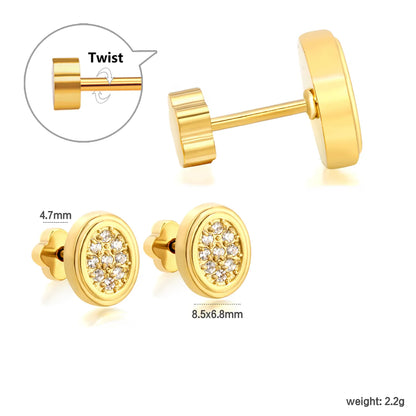 18K Gold Plated Oval Pave CZ Screw-Back Stud Earrings 3 Pairs Pack | Hypoallergenic Stainless Steel | Wholesale Bulk Order MOQ 12