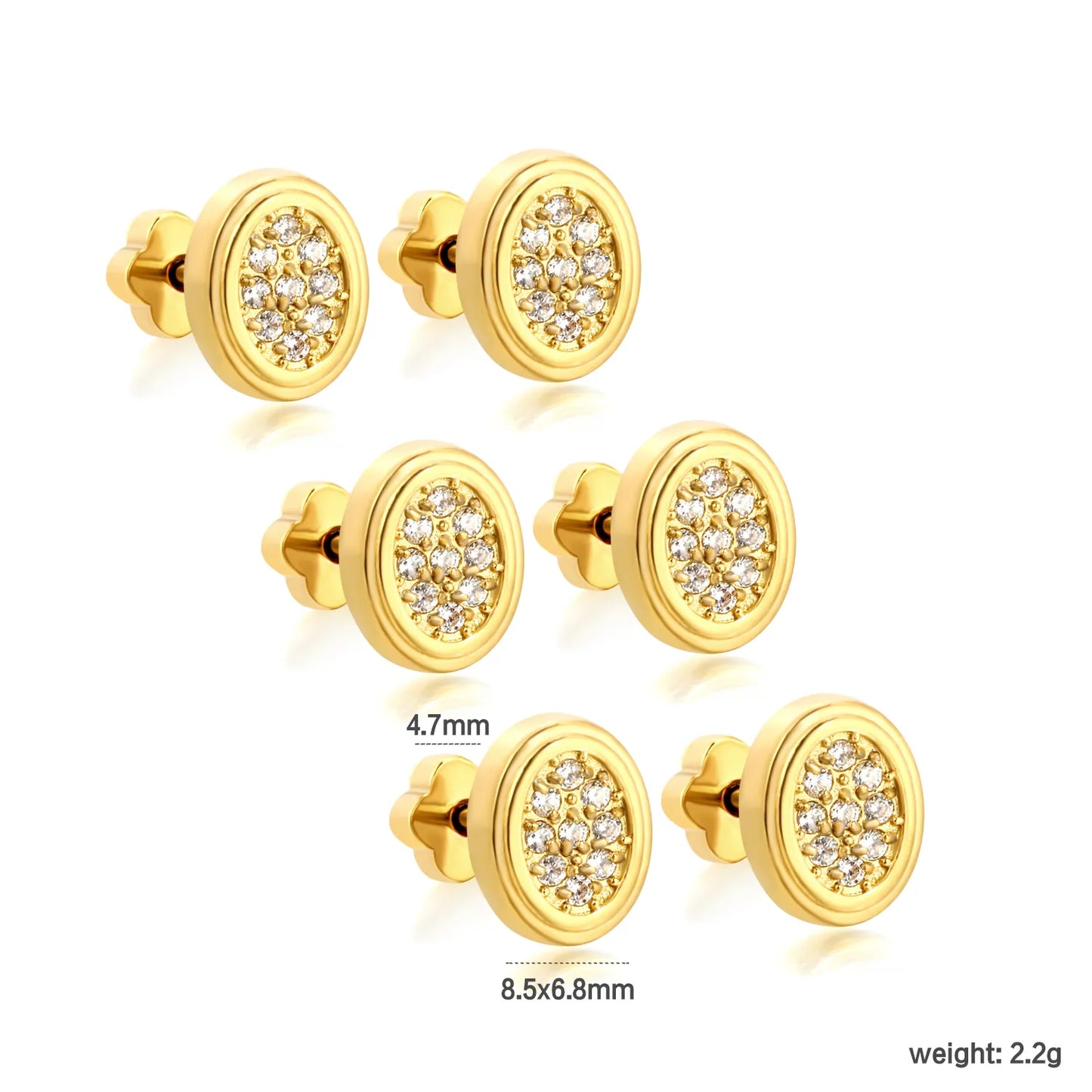 18K Gold Plated Oval Pave CZ Screw-Back Stud Earrings 3 Pairs Pack | Hypoallergenic Stainless Steel | Wholesale Bulk Order MOQ 12