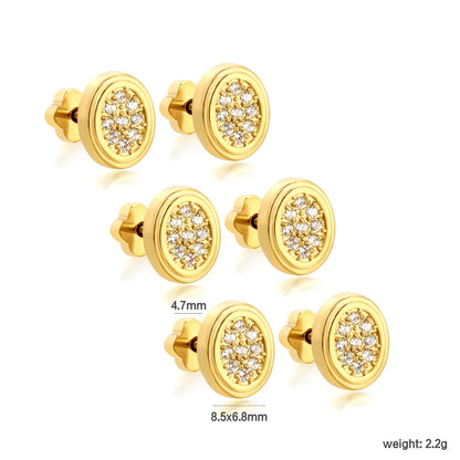 18K Gold Plated Oval Pave CZ Screw-Back Stud Earrings 3 Pairs Pack | Hypoallergenic Stainless Steel | Wholesale Bulk Order MOQ 12