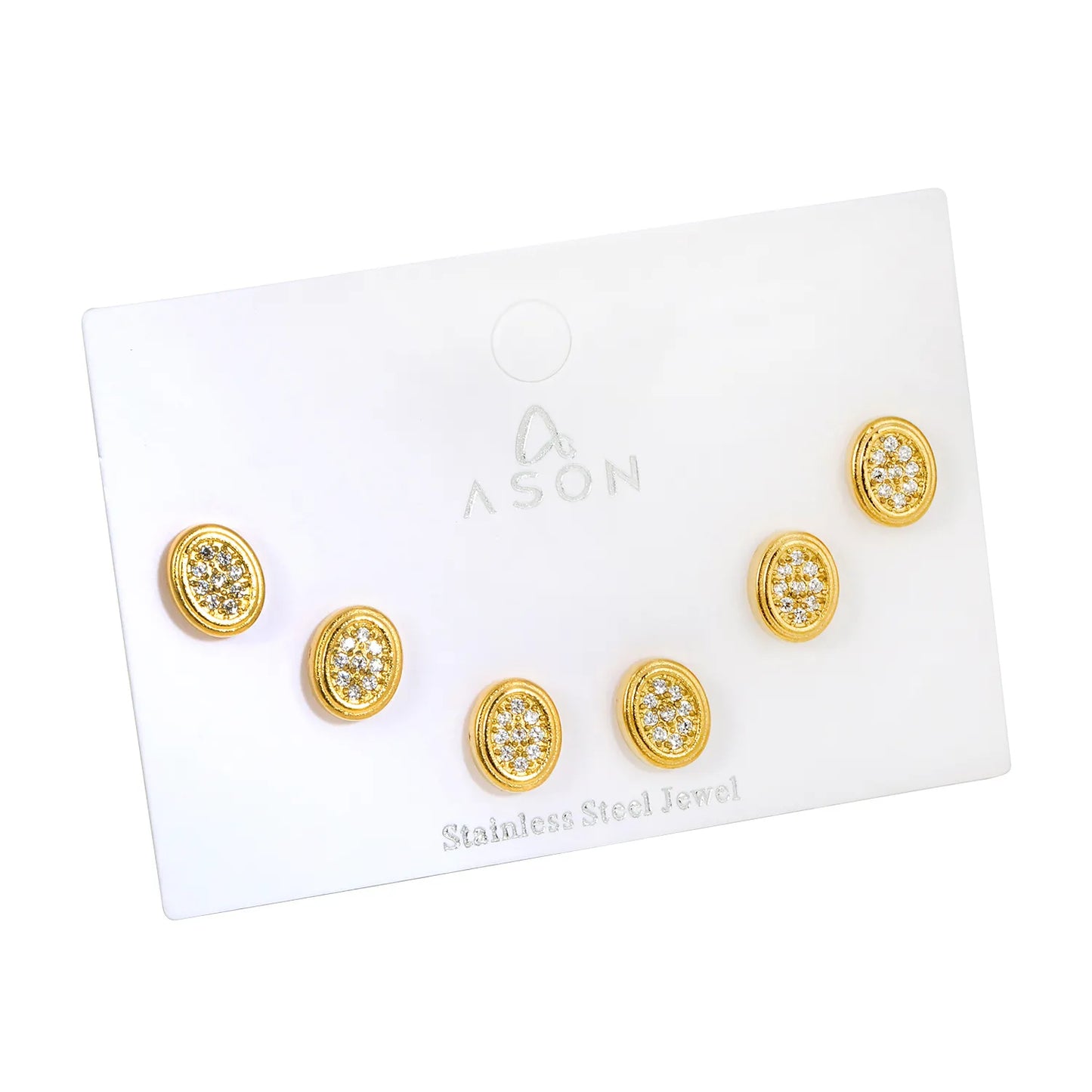 18K Gold Plated Oval Pave CZ Screw-Back Stud Earrings 3 Pairs Pack | Hypoallergenic Stainless Steel | Wholesale Bulk Order MOQ 12