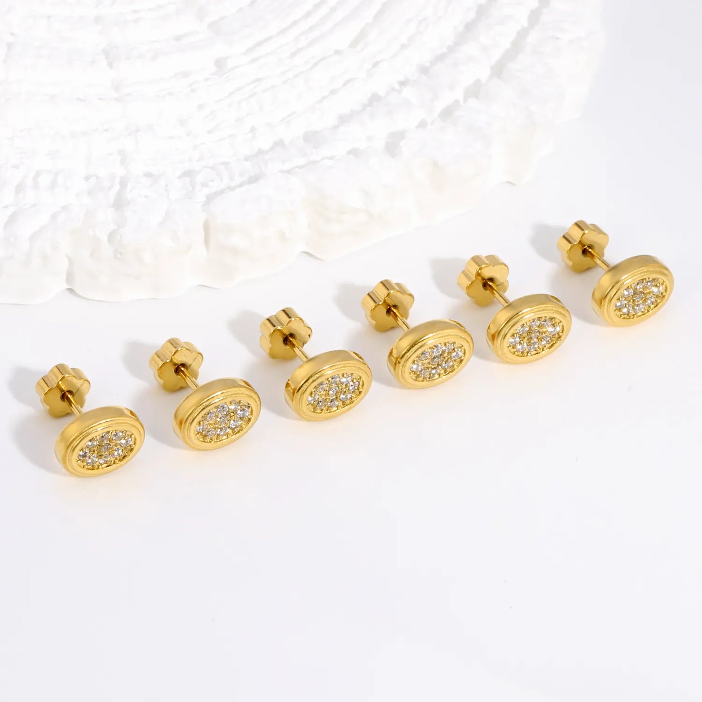 18K Gold Plated Oval Pave CZ Screw-Back Stud Earrings 3 Pairs Pack | Hypoallergenic Stainless Steel | Wholesale Bulk Order MOQ 12