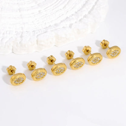 18K Gold Plated Oval Pave CZ Screw-Back Stud Earrings 3 Pairs Pack | Hypoallergenic Stainless Steel | Wholesale Bulk Order MOQ 12