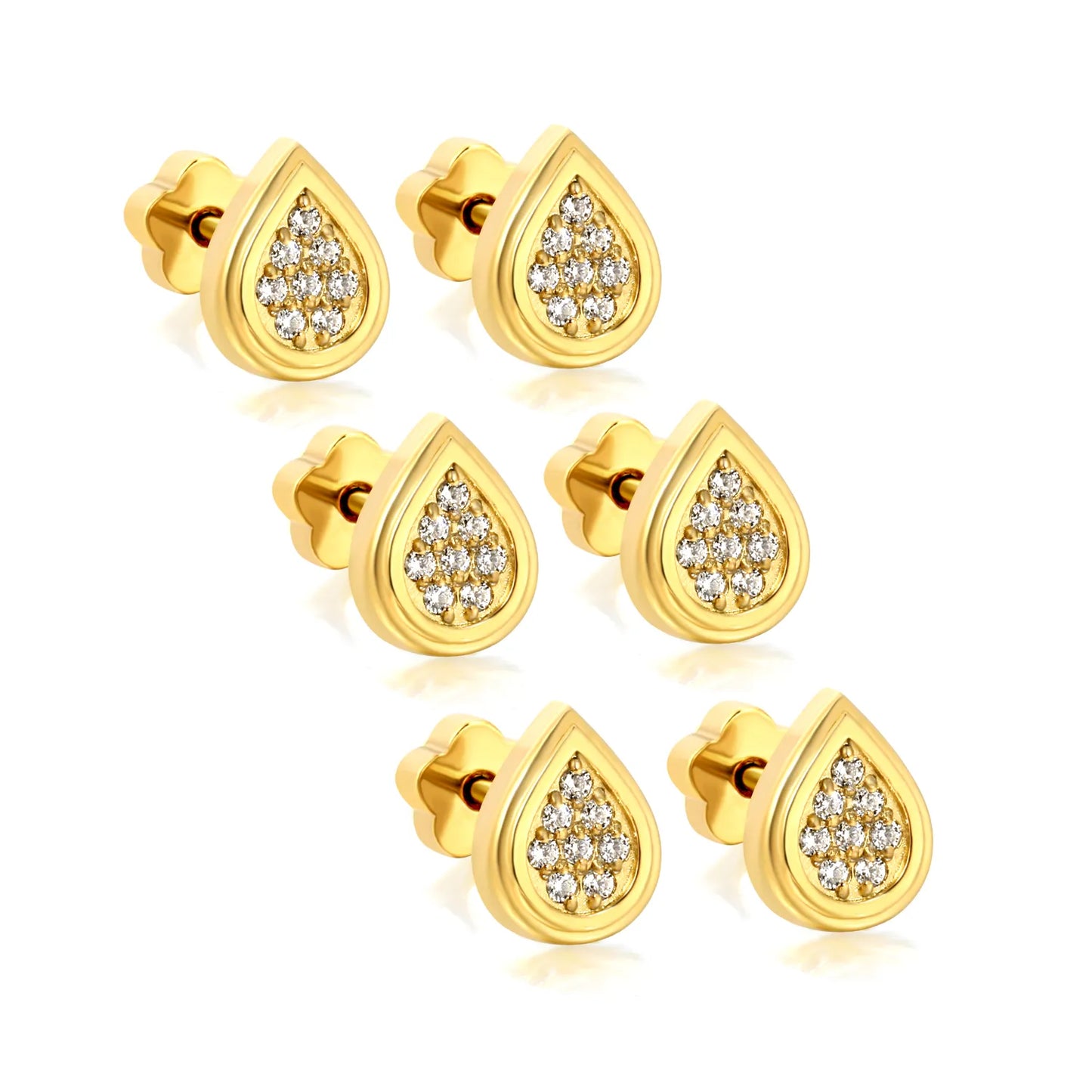 3 Pairs Pack Teardrop Pave CZ Screw-Back Stud Earrings | 18K Gold Plated Hypoallergenic Stainless Steel | Wholesale Bulk Order MOQ 12