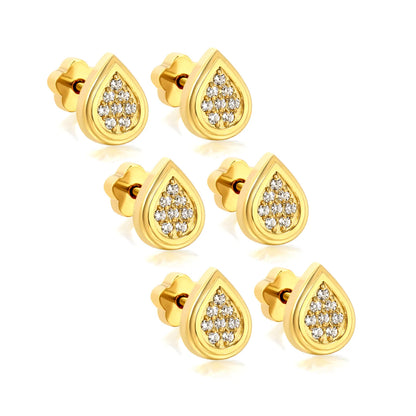 3 Pairs Pack Teardrop Pave CZ Screw-Back Stud Earrings | 18K Gold Plated Hypoallergenic Stainless Steel | Wholesale Bulk Order MOQ 12