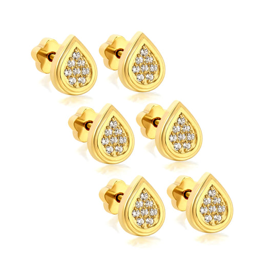 3 Pairs Pack Teardrop Pave CZ Screw-Back Stud Earrings | 18K Gold Plated Hypoallergenic Stainless Steel | Wholesale Bulk Order MOQ 12