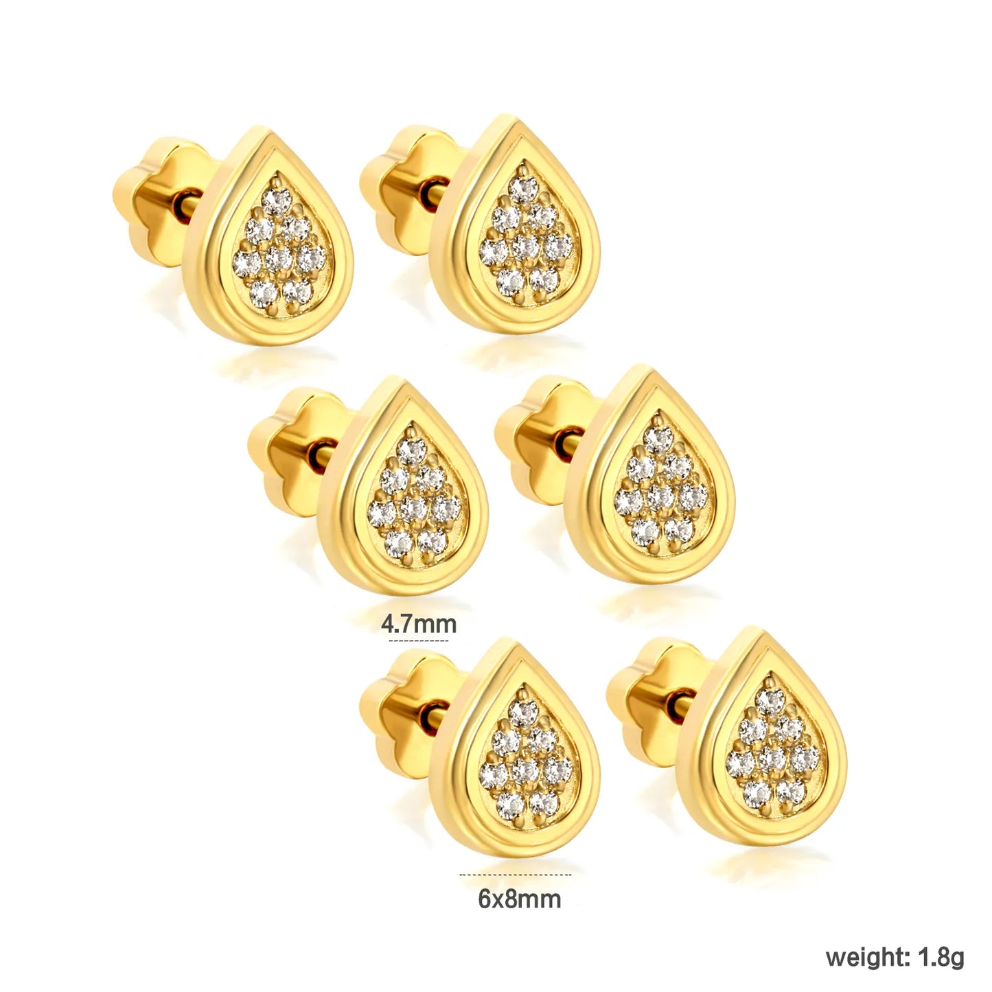 3 Pairs Pack Teardrop Pave CZ Screw-Back Stud Earrings | 18K Gold Plated Hypoallergenic Stainless Steel | Wholesale Bulk Order MOQ 12