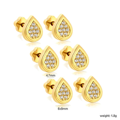3 Pairs Pack Teardrop Pave CZ Screw-Back Stud Earrings | 18K Gold Plated Hypoallergenic Stainless Steel | Wholesale Bulk Order MOQ 12