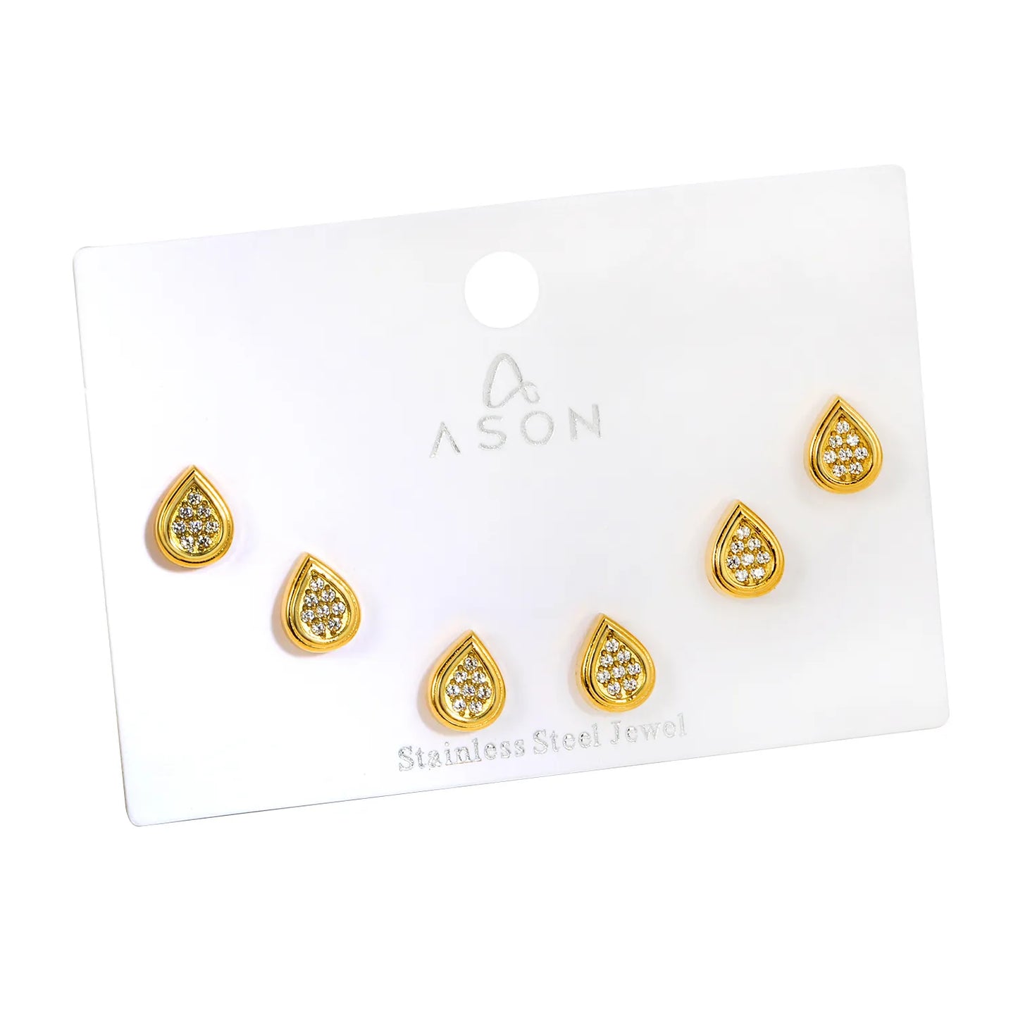 3 Pairs Pack Teardrop Pave CZ Screw-Back Stud Earrings | 18K Gold Plated Hypoallergenic Stainless Steel | Wholesale Bulk Order MOQ 12