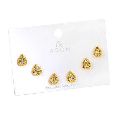3 Pairs Pack Teardrop Pave CZ Screw-Back Stud Earrings | 18K Gold Plated Hypoallergenic Stainless Steel | Wholesale Bulk Order MOQ 12