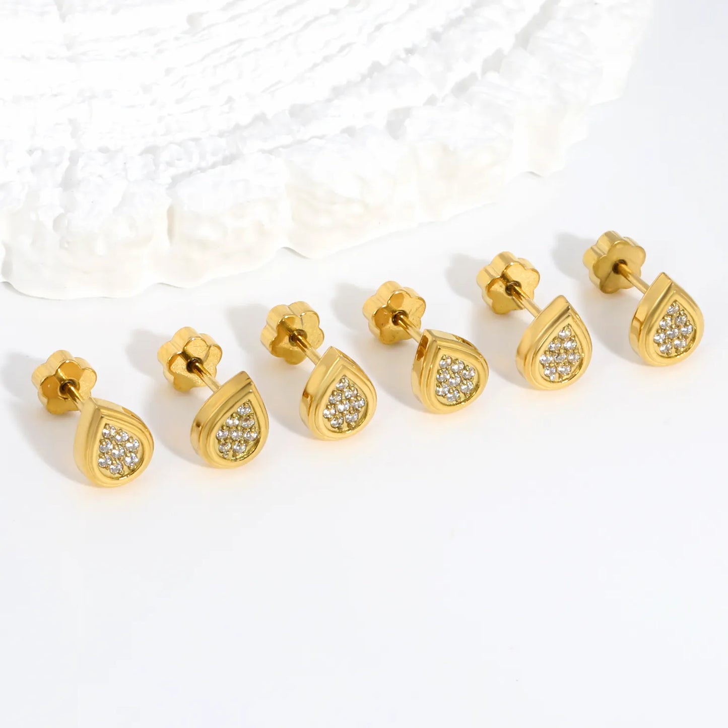 3 Pairs Pack Teardrop Pave CZ Screw-Back Stud Earrings | 18K Gold Plated Hypoallergenic Stainless Steel | Wholesale Bulk Order MOQ 12