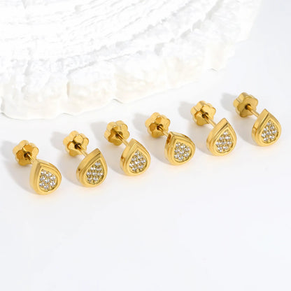 3 Pairs Pack Teardrop Pave CZ Screw-Back Stud Earrings | 18K Gold Plated Hypoallergenic Stainless Steel | Wholesale Bulk Order MOQ 12