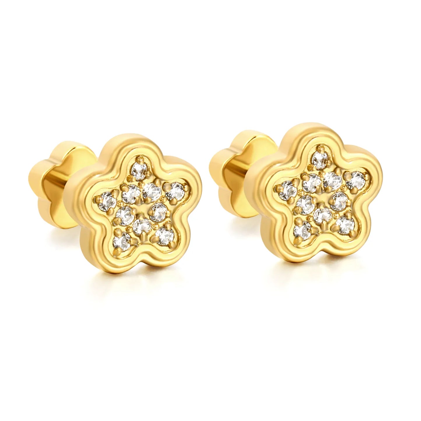 18K Gold Plated Plum Blossom Pave CZ Screw-Back Stud Earrings | 3 Pairs Pack |  Wholesale Bulk Order MOQ 12