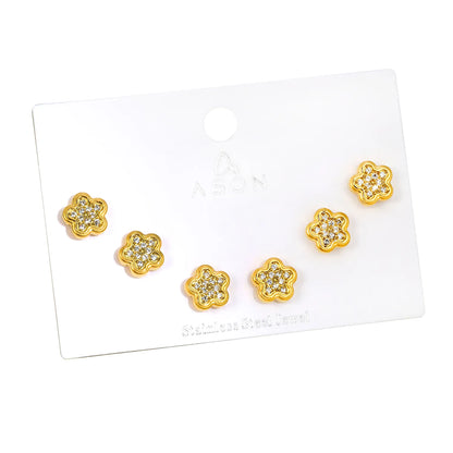 18K Gold Plated Plum Blossom Pave CZ Screw-Back Stud Earrings | 3 Pairs Pack |  Wholesale Bulk Order MOQ 12