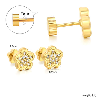 18K Gold Plated Plum Blossom Pave CZ Screw-Back Stud Earrings | 3 Pairs Pack |  Wholesale Bulk Order MOQ 12