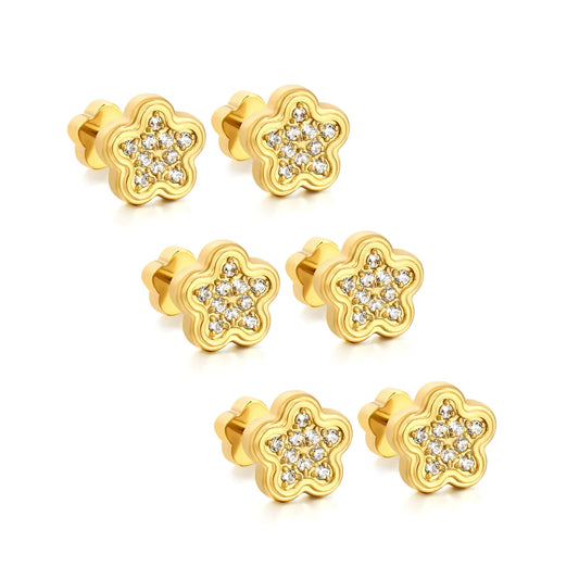18K Gold Plated Plum Blossom Pave CZ Screw-Back Stud Earrings | 3 Pairs Pack |  Wholesale Bulk Order MOQ 12